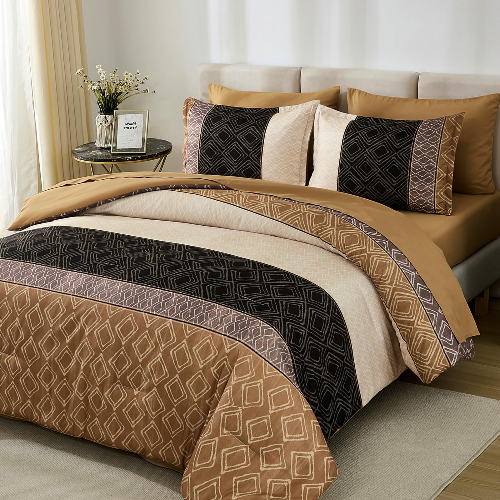 Dinjoy Brown King Size Comforter Set,Striped Bed In A Bag King 7 Pieces Soft Microfiber Bedding Comforters Sets Boho Fall Bed Co